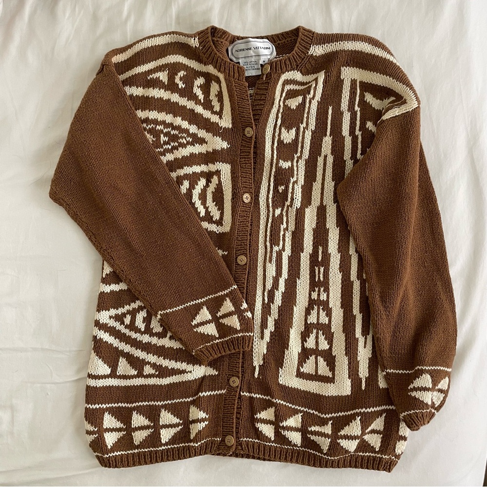 Adrienne Vittadini Vintage Brown and Cream Geometric Sweater